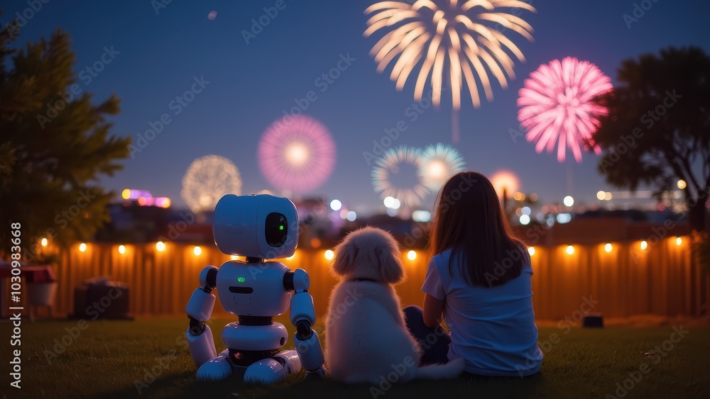 Robot and Pet Enjoying Fireworks with Human Companion Robot and Pet Enjoying Fireworks with Human Companion
