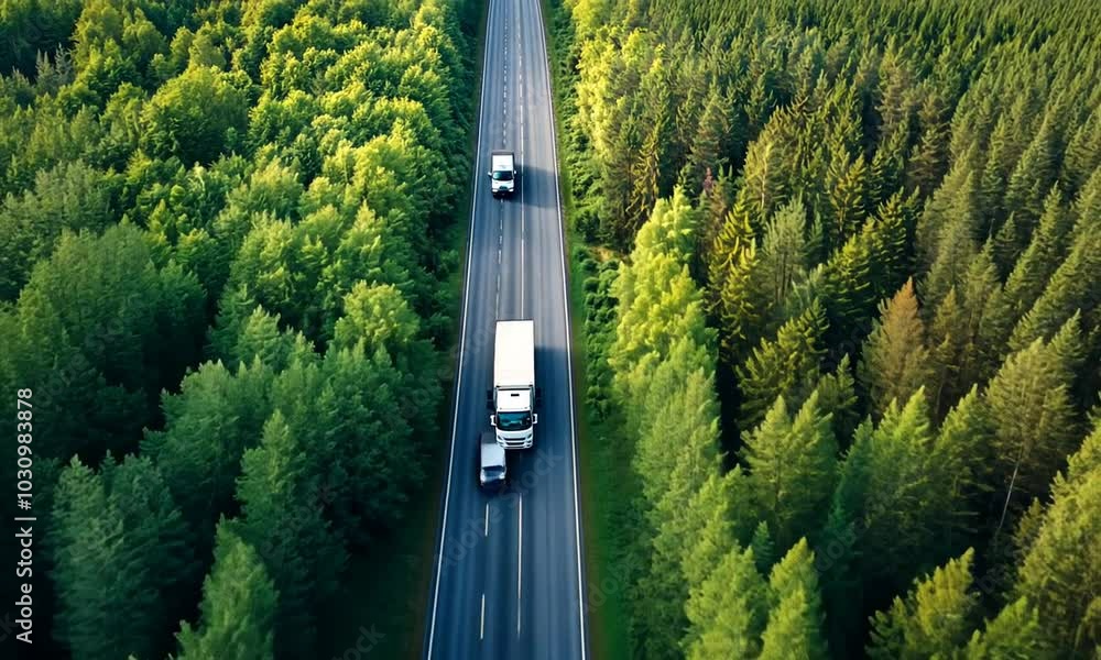 Aerial View of Trucks on a Country Road Aerial View of Trucks on a Country Road