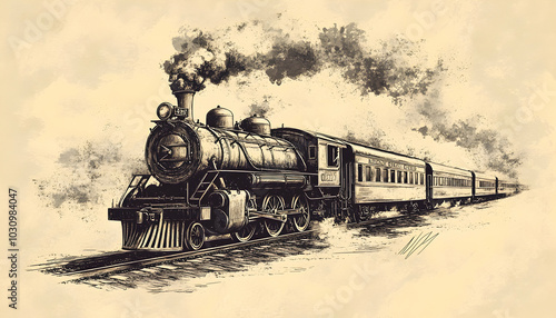 A vintage steam train sketched in classic illustration, evoking the golden age of rail travel  
