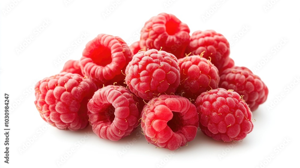 A cluster of fresh raspberries with their rich red color standing out against white A cluster of fresh raspberries with their rich red color standing out against white