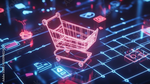 A glowing pink shopping cart sits on a digital grid, symbolizing the rise of online shopping. photo