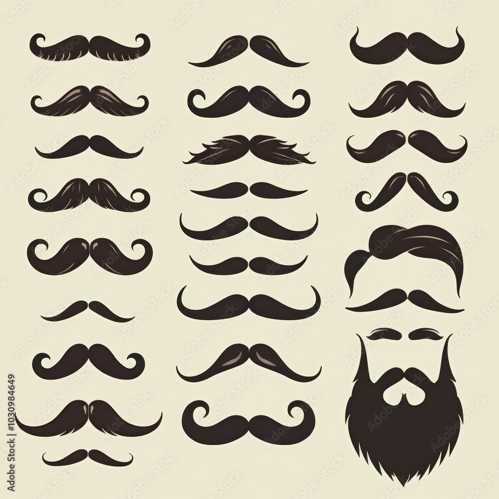 Variety of cartoon-style mustaches and beards showcased in a grid pattern on a light background for creative inspiration Variety of cartoon-style mustaches and beards showcased in a grid pattern on a light background for creative inspiration