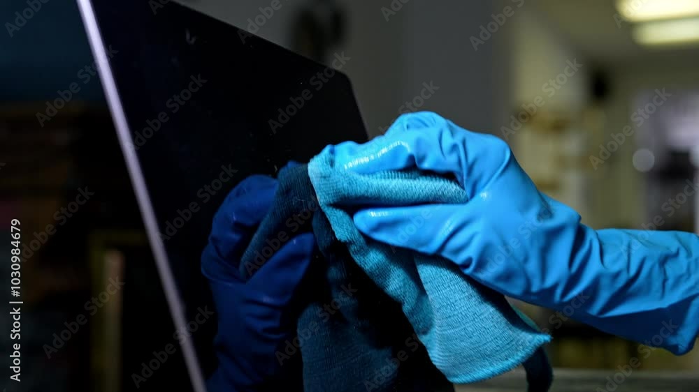 Professional cleaner wearing blue gloves wiping laptop screen with microfiber cloth, ensuring hygiene and disinfection while maintaining sanitary workspace in office environment, closeup, slow motion. Professional cleaner wearing blue gloves wiping laptop screen with microfiber cloth, ensuring hygiene and disinfection while maintaining sanitary workspace in office environment, closeup, slow motion.