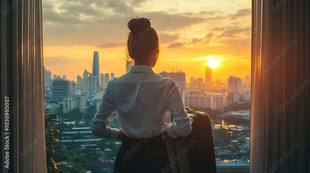 Fototapeta premium Confident businesswoman wearing white shirt and holding suit with suitcase stands in a hotel room while looking at the view from window Beautiful sunset. Woman enjoying her holiday in a luxury hotel