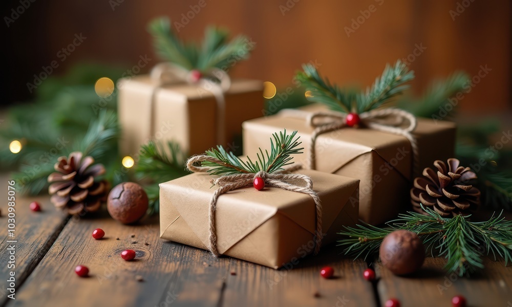 Christmas Gifts Wrapped in Brown Paper and Greenery Christmas Gifts Wrapped in Brown Paper and Greenery