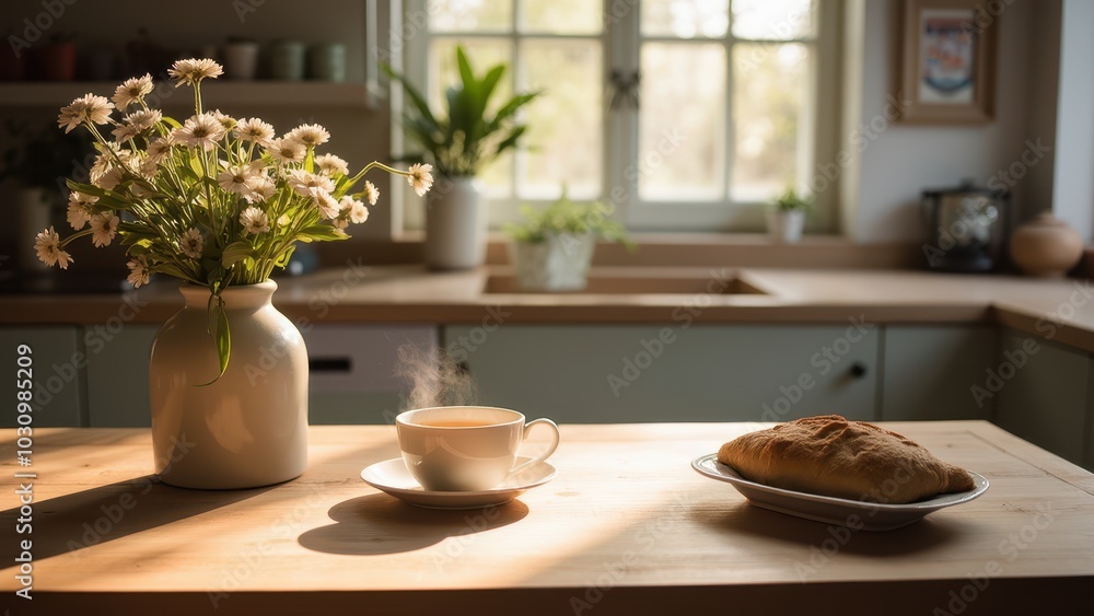 Cozy Kitchen Table with Breakfast and Fresh Flowers Cozy Kitchen Table with Breakfast and Fresh Flowers