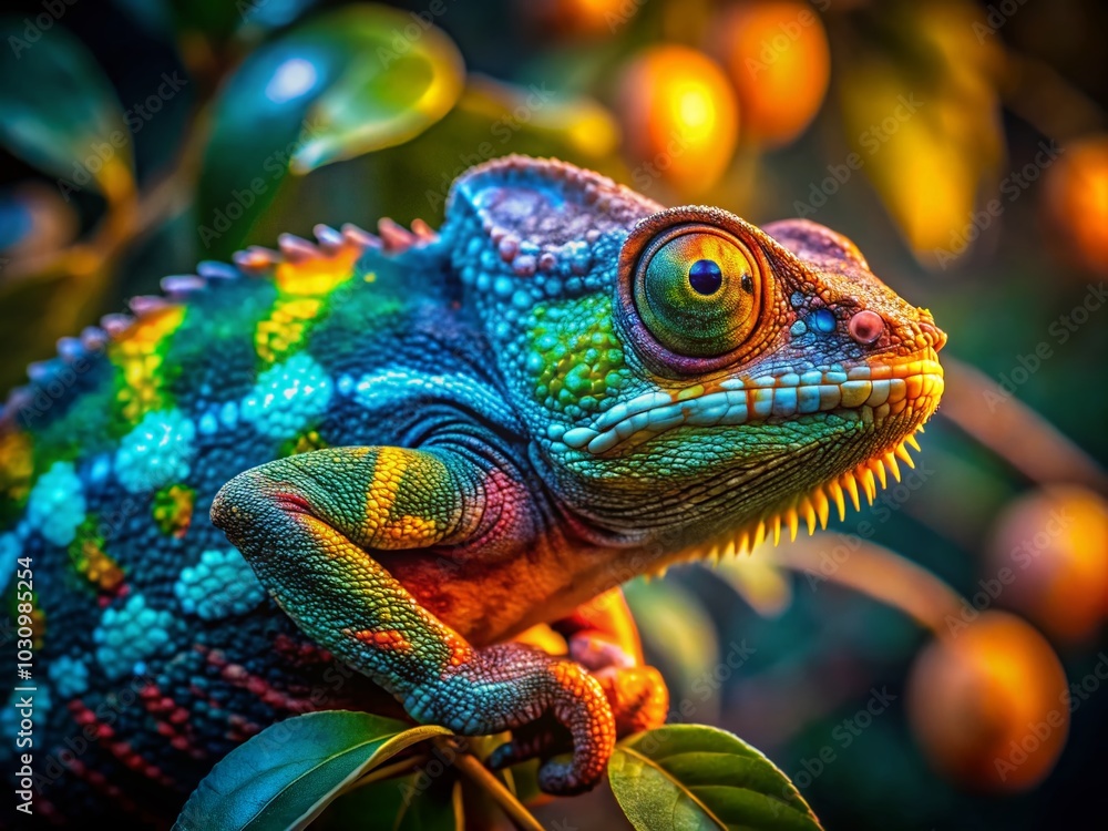Vibrant Chameleon on Branch - Macro Photography Capture of Colorful Reptile in Nature Vibrant Chameleon on Branch - Macro Photography Capture of Colorful Reptile in Nature
