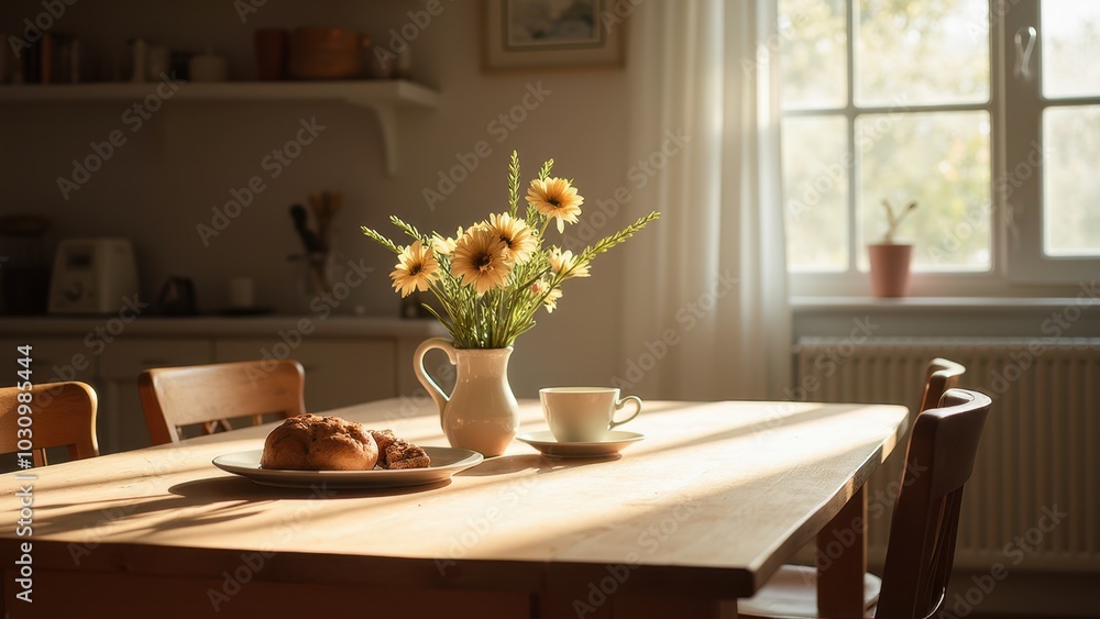 Sunlit Kitchen Table with Flowers and Pastries Sunlit Kitchen Table with Flowers and Pastries
