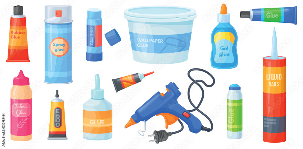 Glue containers. Super glues products in plastic bottle tubes pack, school adhesive stick glueing repair fix tools coller adhesives bottles sealant set, neat vector illustration Glue containers. Super glues products in plastic bottle tubes pack, school adhesive stick glueing repair fix tools coller adhesives bottles sealant set, neat vector illustration