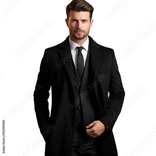 A man in a black suit and tie poses for a photo