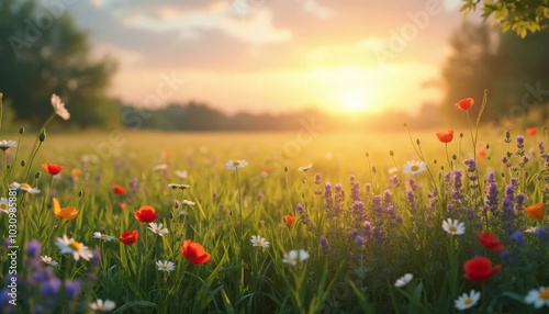 A vibrant meadow blooms under a golden sunset showcasing colorful wildflowers