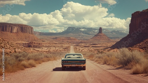 A vintage car drives down a dusty road through a desert landscape with towering rock formations in the distance.