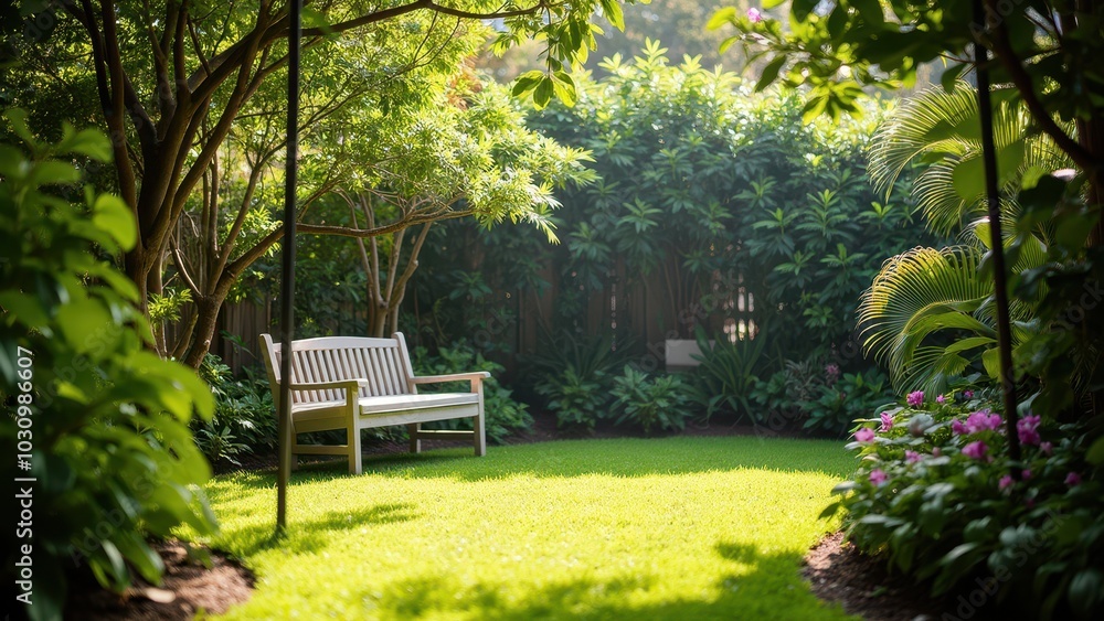 Serene Backyard Garden with Greenery and Seating Serene Backyard Garden with Greenery and Seating