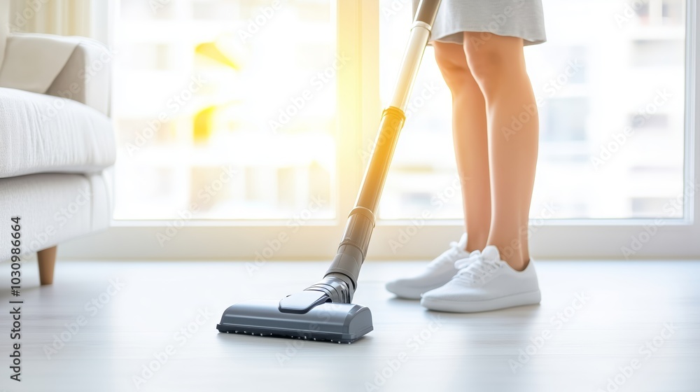 Woman vacuuming a modern living room with minimalist decor, sunlight streaming through large windows, clean and fresh atmosphere, house cleaning, minimalist home Woman vacuuming a modern living room with minimalist decor, sunlight streaming through large windows, clean and fresh atmosphere, house cleaning, minimalist home