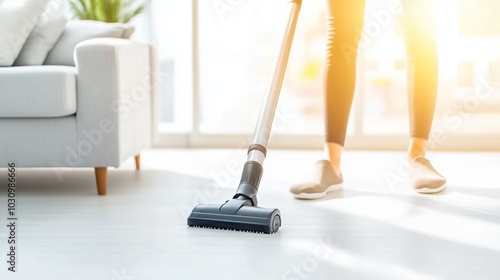 Wallpaper Mural Woman vacuuming a modern living room with minimalist decor, sunlight streaming through large windows, clean and fresh atmosphere, house cleaning, minimalist home Torontodigital.ca