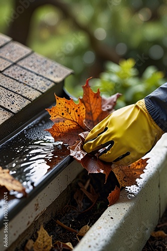 Hand wear gloves is collecting leaves from the rain gutter, cleaning, maintenance.