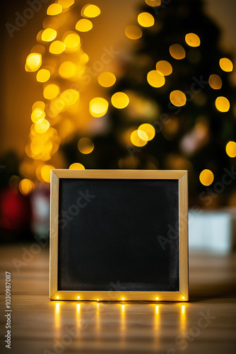 Blank Chalkboard Frame with Warm Christmas Lights and Blurred Holiday Tree Bokeh Background for Festive Message, Sign, or Decoration