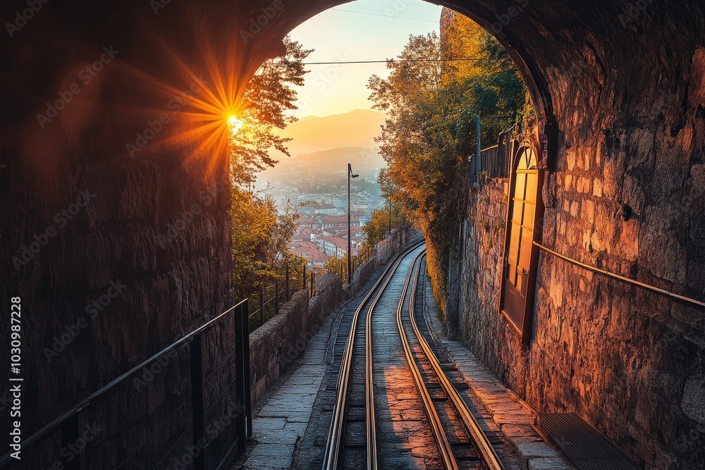 Funicular Railway in Citta Alta Bergamo, Italy. View from Tunnel with Stone Wall in Morning Light Funicular Railway in Citta Alta Bergamo, Italy. View from Tunnel with Stone Wall in Morning Light