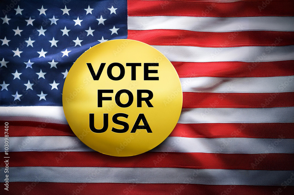 Amerikanische Flagge mit gelben Button und Aufschrift Vote for USA