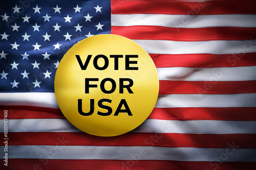Obraz na płótnie Amerikanische Flagge mit gelben Button und Aufschrift Vote for USA w salonie