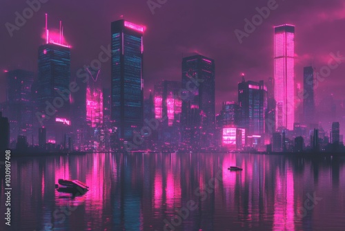 Futuristic Neon Cityscape at Night with Reflections on Water Surface