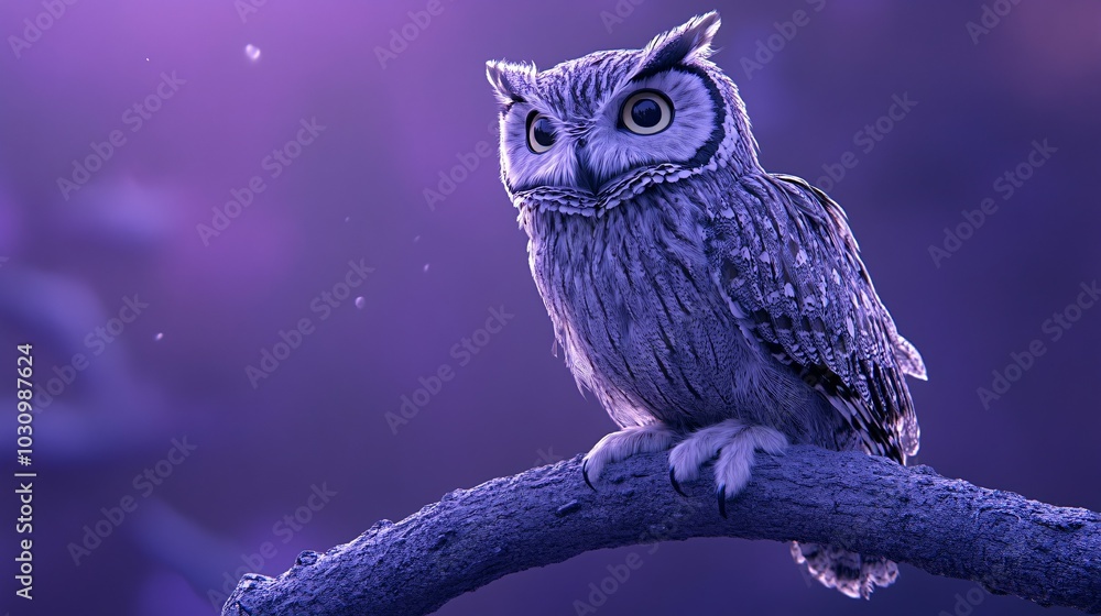 A Solitary Owl Perched on a Branch in a Purple Twilight A Solitary Owl Perched on a Branch in a Purple Twilight