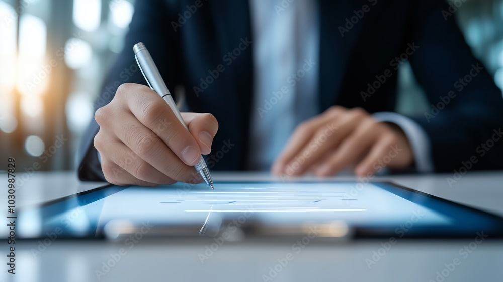Digital contract signing, augmented reality interface, corporate boardroom, hightech setting Digital contract signing, augmented reality interface, corporate boardroom, hightech setting