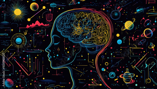 An artistic design featuring the outline of a human head filled with symbolic elements, serving as a backdrop for themes of knowledge, science, technology, and education 