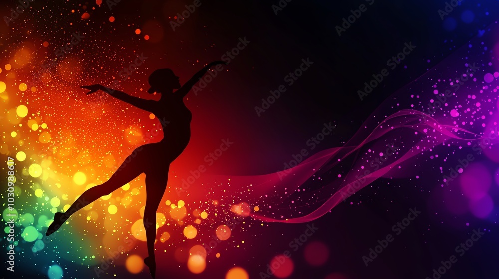 Naklejka premium Silhouette of a dancer with vibrant, colorful background featuring swirling lights and sparkles, creating a lively atmosphere.