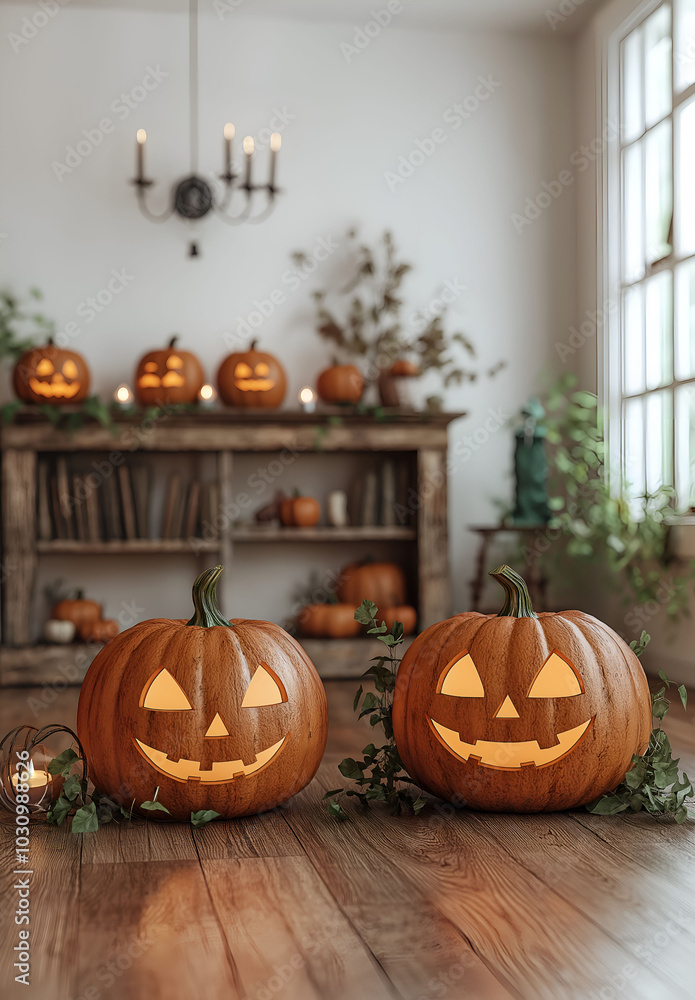 Obraz premium The mystical Halloween background in celebration interior. Halloween decorations in the room. 
