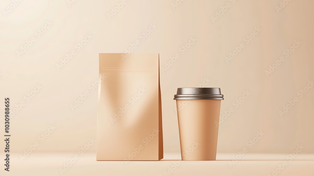Coffee cup and kraft paper bag on a light background, perfect for branding and food-related projects. Coffee cup and kraft paper bag on a light background, perfect for branding and food-related projects.
