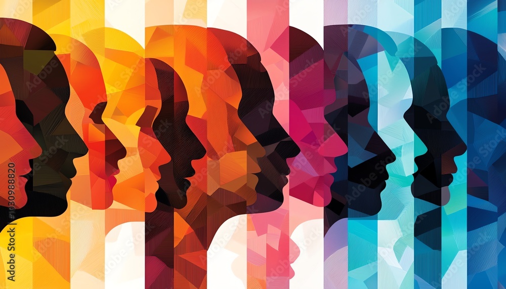 Naklejka premium Colorful silhouettes of human faces representing diversity and unity in a vibrant, abstract composition.