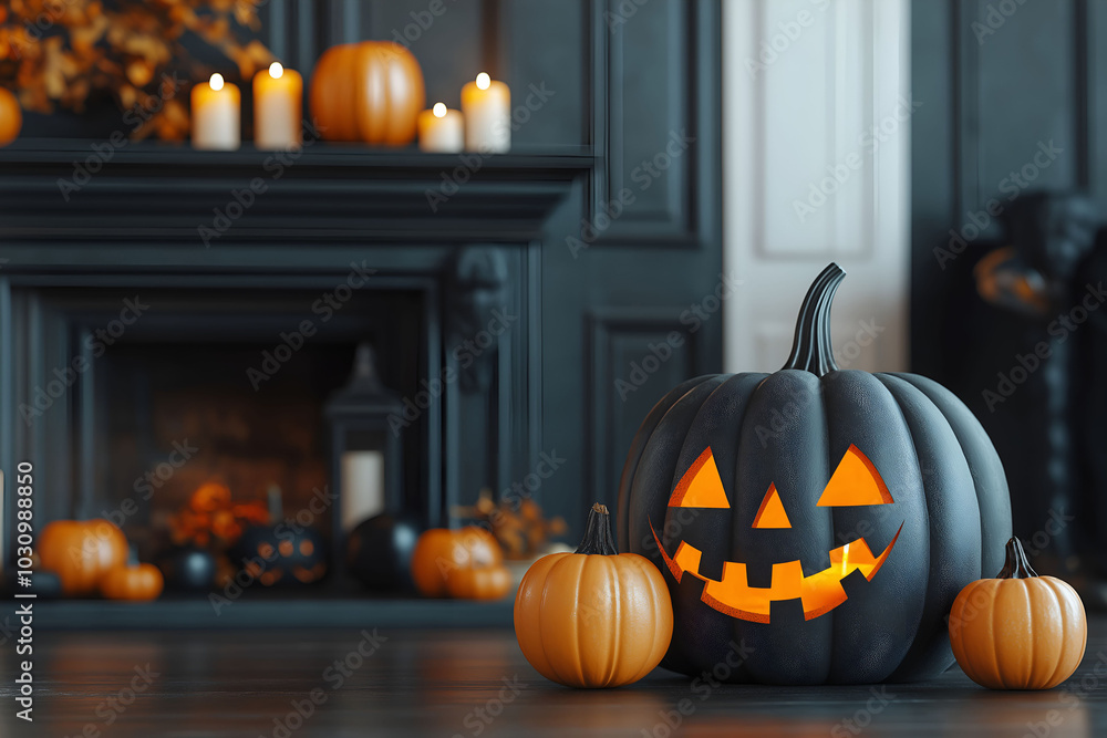 Obraz premium The mystical Halloween background in celebration interior. Halloween decorations in the room. 