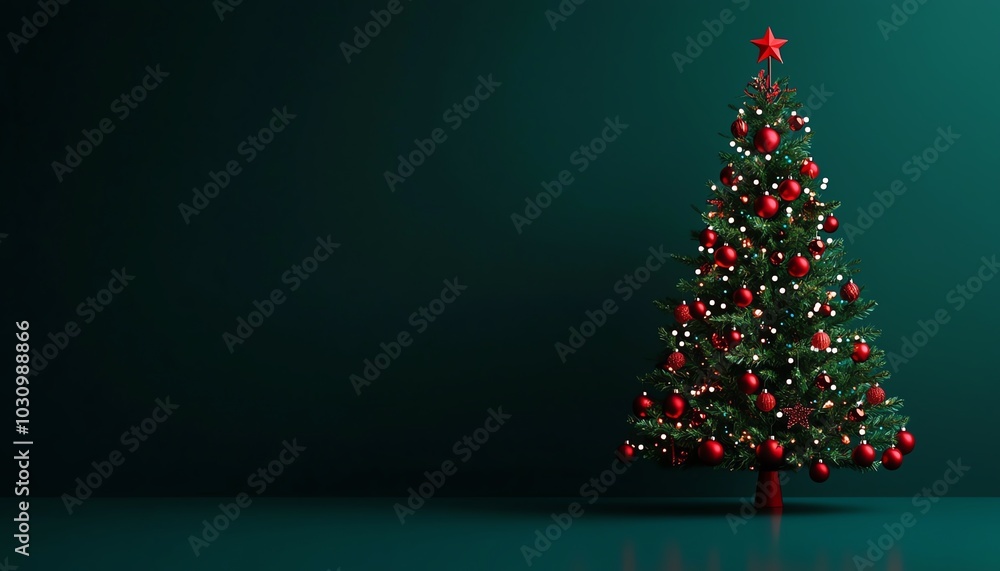A beautifully decorated Christmas tree with red ornaments and a star on top against a dark green background. A beautifully decorated Christmas tree with red ornaments and a star on top against a dark green background.