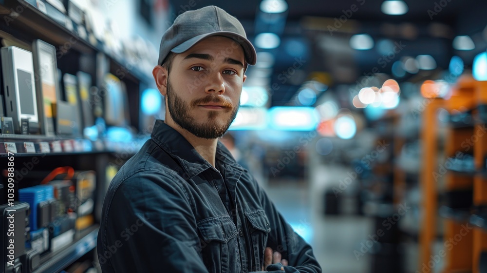 A tech worker demonstrating a new device in an electronics store with bright lighting and interested customers. A tech worker demonstrating a new device in an electronics store with bright lighting and interested customers.