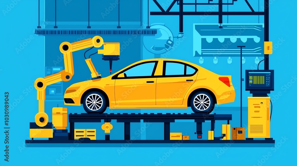 Naklejka premium A yellow car being assembled in a modern factory with robotic machinery and industrial equipment.
