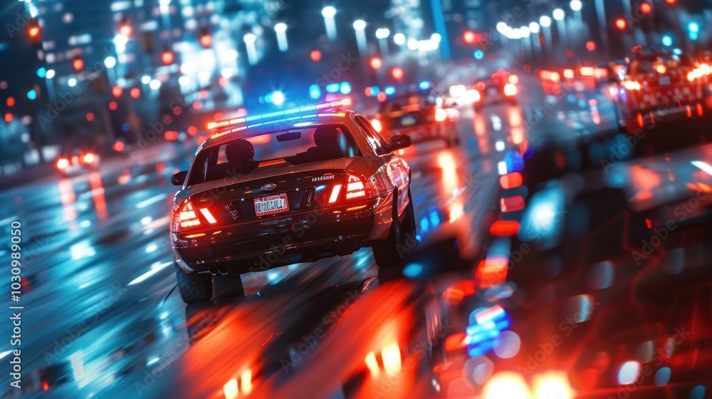 A police car in pursuit on a highway at night with dim lighting and an intense, action-packed atmosphere. A police car in pursuit on a highway at night with dim lighting and an intense, action-packed atmosphere.