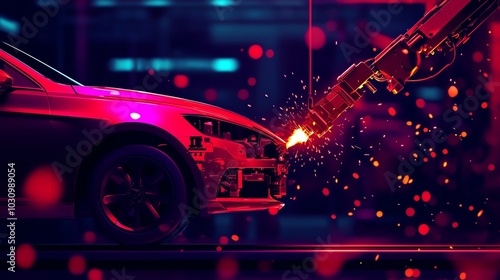 A robotic arm welding in a neon-lit automotive workshop, showcasing advanced manufacturing technology in action.