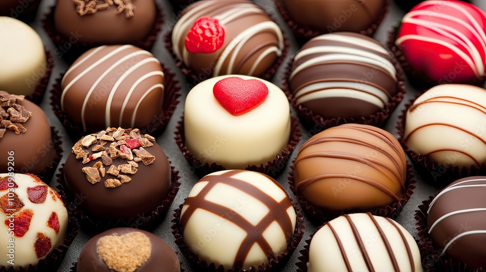 A variety of handmade sweets made of white and dark chocolate are laid out on the table. Candy. Illustration for banner, poster, cover, brochure or presentation.