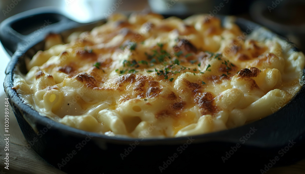 Appetizing, golden mac and cheese in a rustic dish, evoking comfort food at its finest, with a sharp focus on texture and cheese sauce Appetizing, golden mac and cheese in a rustic dish, evoking comfort food at its finest, with a sharp focus on texture and cheese sauce