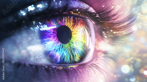 Animation concept of a human multicolored iris, with rainbow lines scattering from a bright binary circle, forming a volumetric eye 