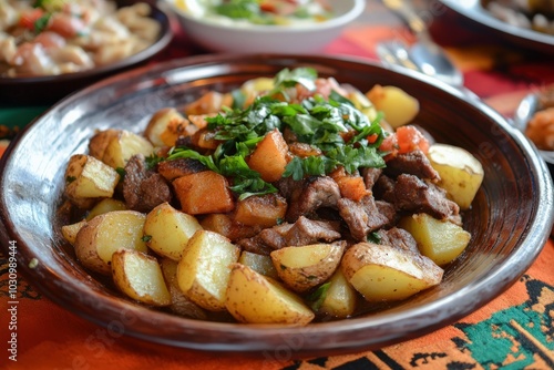 Georgian Food: Ojakhuri with Fried Potatoes and Meat - Delicious Homemade Dish