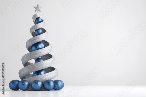 Modern Abstract Silver Christmas Tree Spiral with Shiny Blue and Silver Ornaments on Clean White Background for Holiday Decor and Festive Design photo