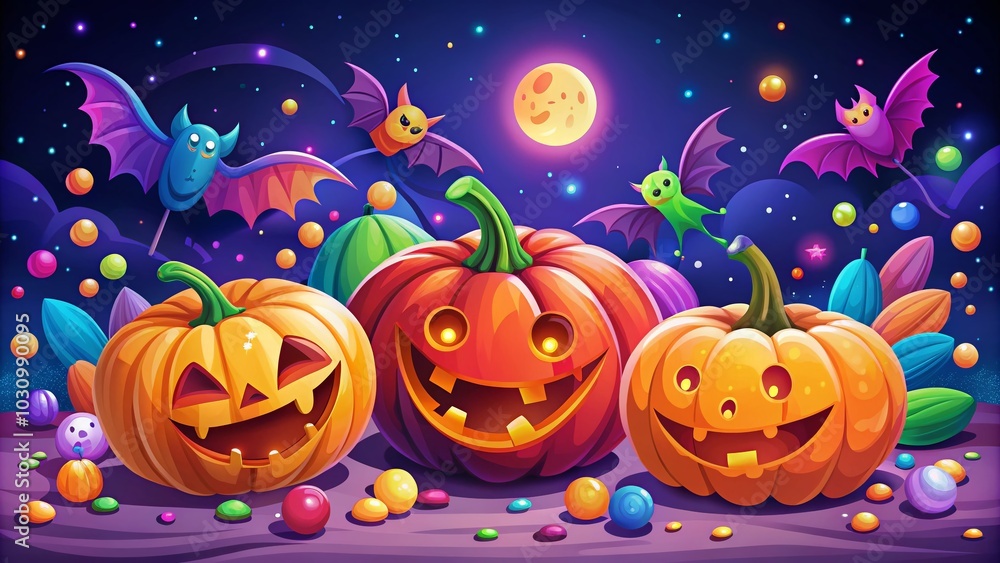 Vibrant Halloween Pumpkins in Cartoon Style with Bats and Candies for Night Photography Vibrant Halloween Pumpkins in Cartoon Style with Bats and Candies for Night Photography