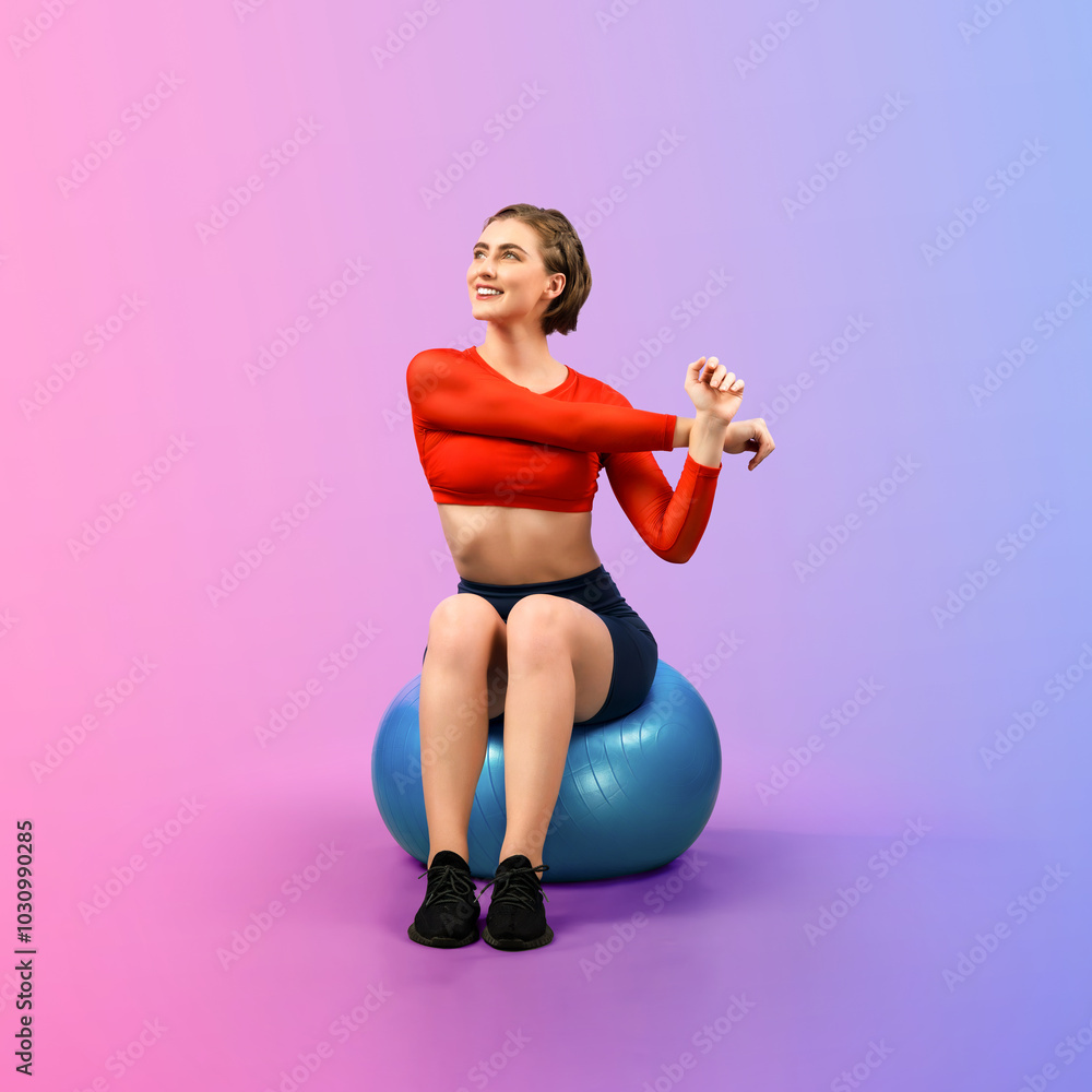 Full body length gaiety shot athletic and sporty young woman with fitness exercising ball in standing posture on isolated background. Healthy active and body care lifestyle. Full body length gaiety shot athletic and sporty young woman with fitness exercising ball in standing posture on isolated background. Healthy active and body care lifestyle.