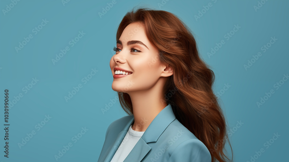 Profile of a Smiling Businesswoman in a Blue Suit Profile of a Smiling Businesswoman in a Blue Suit