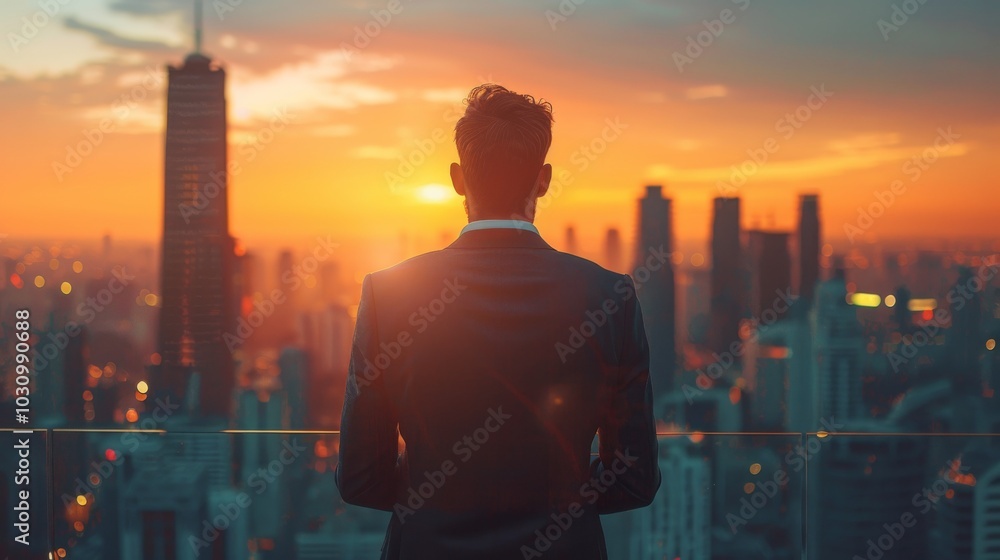 Fototapeta premium A business professional gazes at the city, dreaming of innovative strategies and leadership roles. Copy space