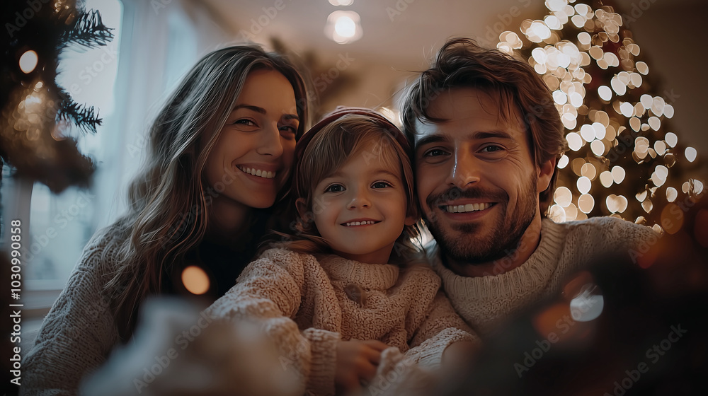 Caucasian family taking a selfie during a holiday season, happy family wearing sweater in the cozy christmas season, father, mother and daughter are taking picture together