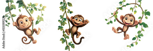Set of A cartoon monkey character swinging from a vine isolated on transparent background