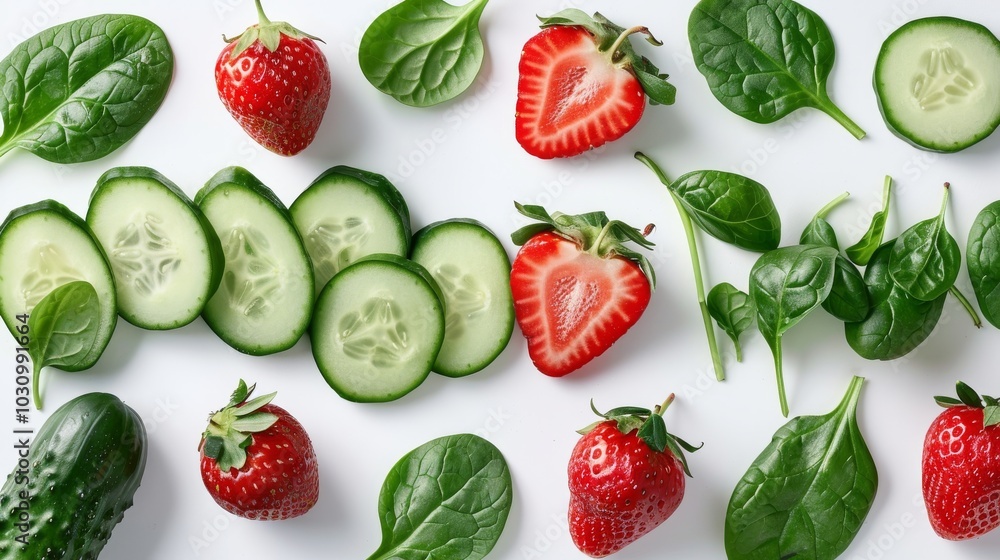 A flat lay of fresh fruits and vegetables, including strawberries, cucumbers, and spinach, on a white table. Perfect for a healthy diet A flat lay of fresh fruits and vegetables, including strawberries, cucumbers, and spinach, on a white table. Perfect for a healthy diet